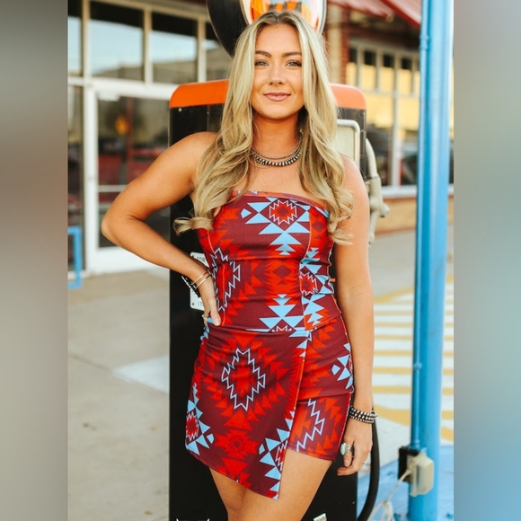 Lucky and Blessed Red Aztec Printed Strapless Skort Romper - Picture 1 of 2